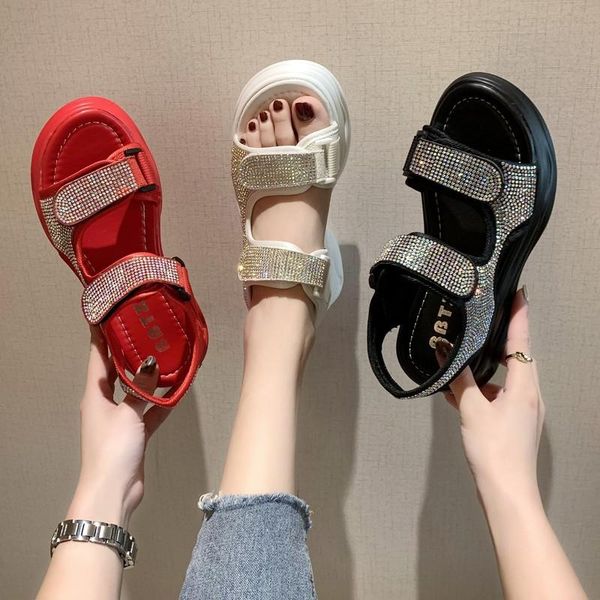 

sandals fashion women's solid color all-match thick-soled rhinestone decoration trend casual for outer wear 2021, Black
