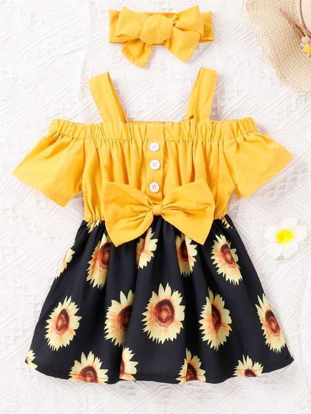 

baby fake button sunflower print cold shoulder bow dress & headband she, Red;yellow