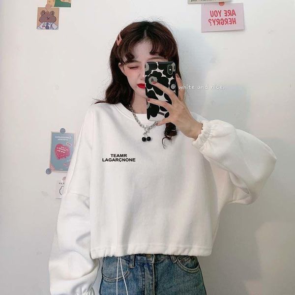 

women's hoodies & sweatshirts spring autumn draw string pullovers casual letter printing sweatshirt women crop solid loose short clothe, Black