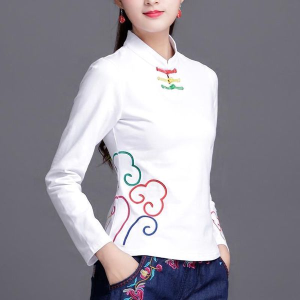 

simple ethnic long sleeve women t shirts embroidery 100% cotton solid elegant tees autumn bottoming ladies plus size, White
