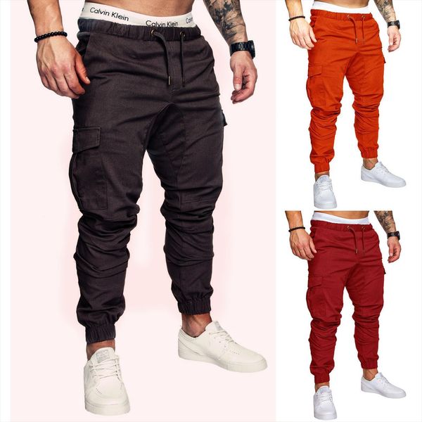 

casual workwear multi pocket women pants trousers sports drawstring fashion small pencil for men, Black