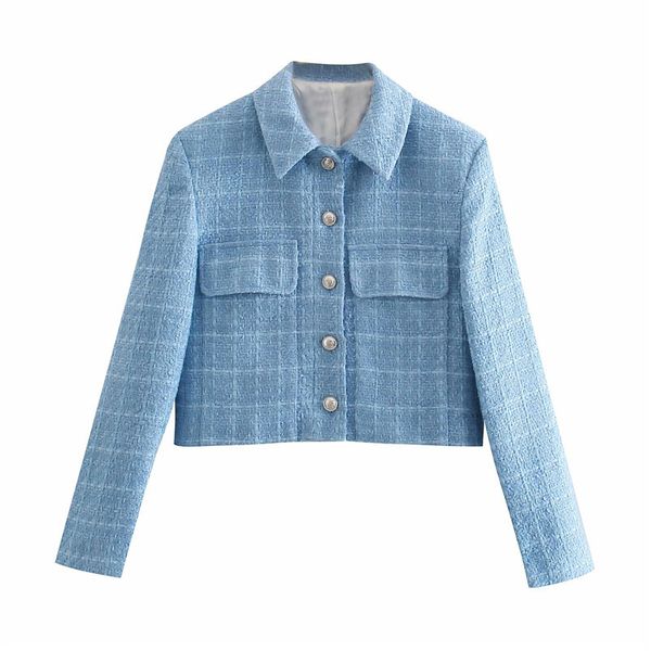 

evfer chic lady spring fashion za woolen blue short jackets outwear female casual long sleeve turn-down collar textured coat 210421, Black;brown