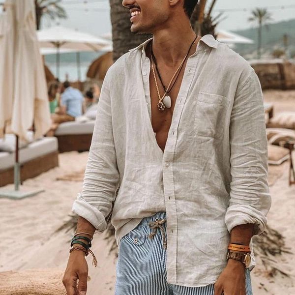 

men's casual shirts 2021 summer fashion solid color long sleeve lapel blusa tight cotton linen shirt lazy style, White;black