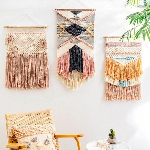 

boho style hand woven tapestry tufted wall hanging macrame tapestries chic bohemian ornament apartment dorm morocco boho decor