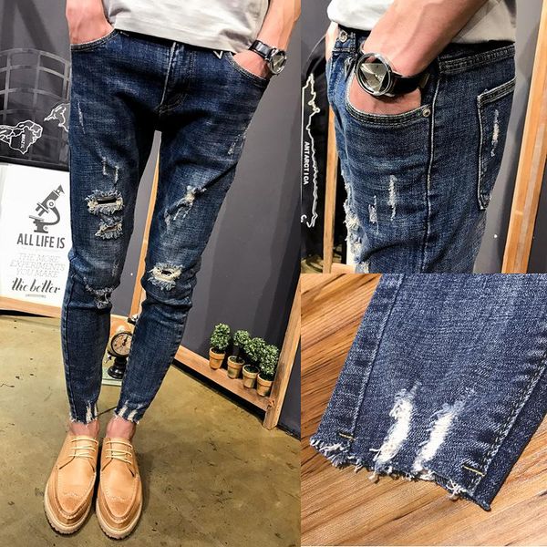 

wholesale 2021 teenagers denim pants beggar men's slim-fit small feet frayed jeans male stretch social spirit guy pencil men's, Blue