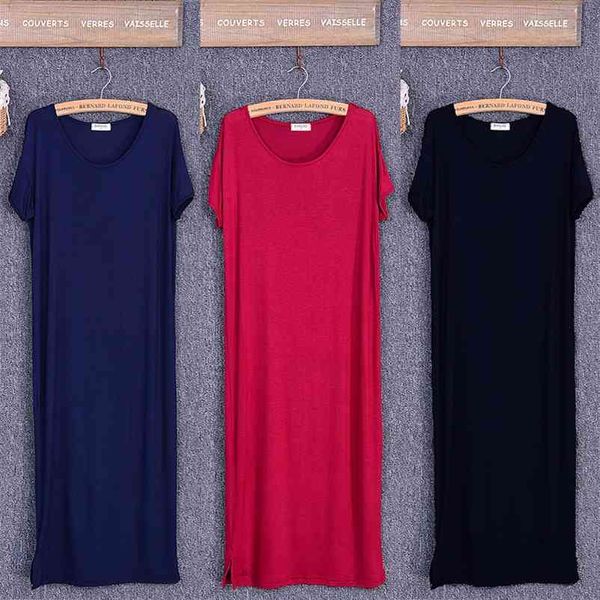 

summer black dress women o-neck knee-length short sleeve solid side cut casual modal cotton home dresses size s  l xl 210331, Black;gray