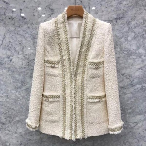 

women's suits & blazers [ewq] korea chic temperament navy blazer autumn 2021 v-neck loose long sleeve tweed jacket fashion female 16e31, White;black