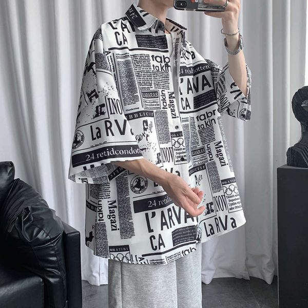 

men's casual shirts shirtspaper men's short fashion brand american style 5-sleeve shirt ruffian shuai fried street vintage half sl, White;black