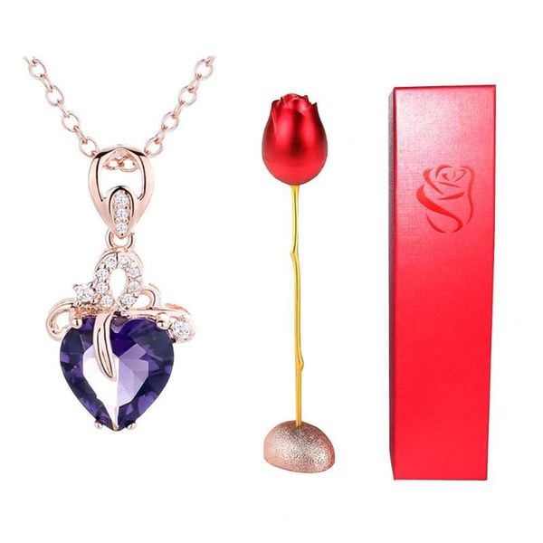 

earrings & necklace women girl lady choker fashion jewelry heart shape rhinestone pendant with storage box rose valentine gift set, Silver