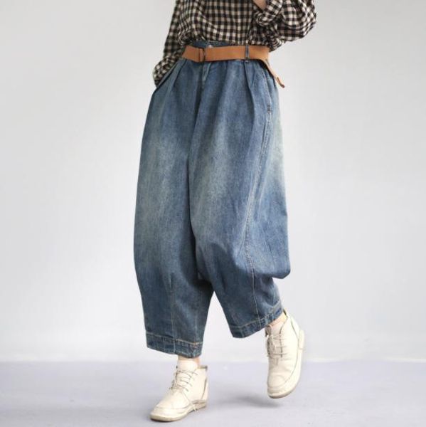 

women's jeans pants washed wide leg high waist loose autumn casual fashion trousers denim vintage pockets all-match pantalon, Blue