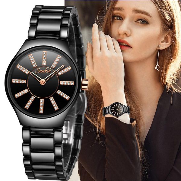 

wristwatches sunkta ceramic women watches diamond watch fashion elegant wrist girl quartz clock relogio feminino, Slivery;brown