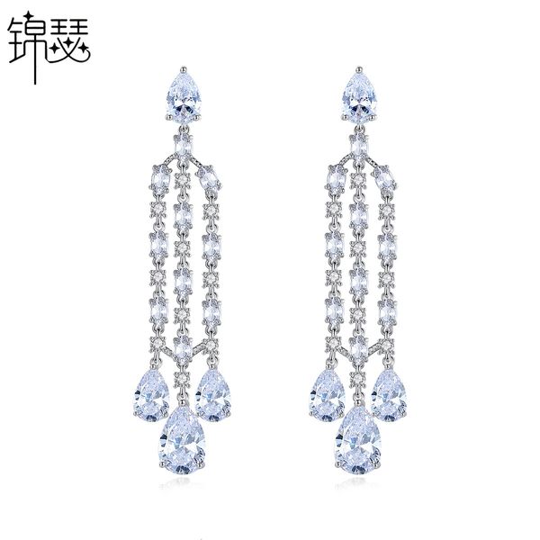 

jewelry charm stud jinglin earrings fashion korean long tassel pendant women's copper inlaid zirconium banquet temperament earrings, Golden