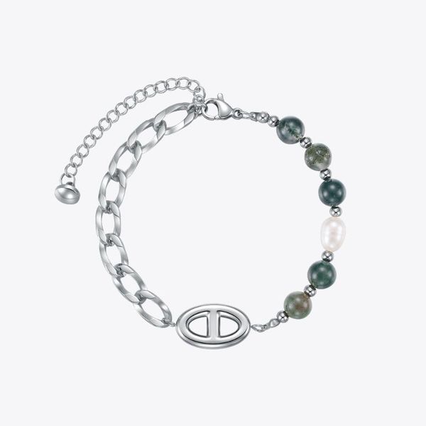 

link, chain enfashion green natural stone bracelets for women stainless steel link pearl bracelet fashion jewelry pulseras mujer b2258, Black
