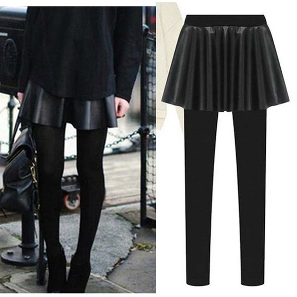 

women's leggings 2021 spring and autumn skirt elasticity slim fit slimming faux leather pants, Black