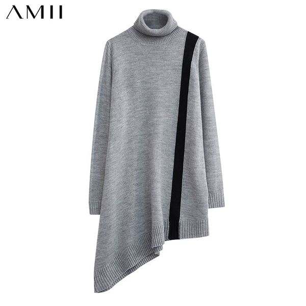 

minimalism winter dress for women causal wool patchwork loose irregular hem women's turtleneck sweater 12070649 210527, White