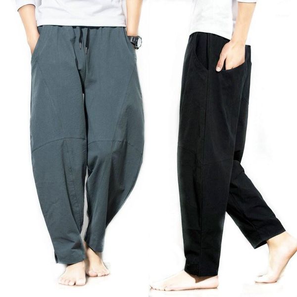

men's pants 2021 summer men solid color cotton linen loose casual large size oversize drawstring wide leg harem trousers, Black