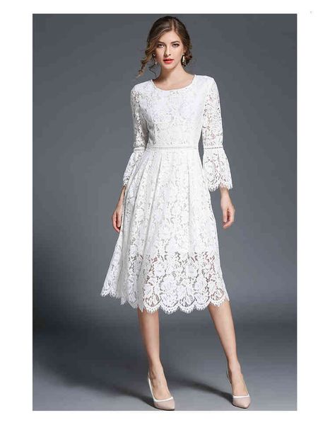 

summer green lace women elegant a-line dress fashion flare long sleeve white party dresses hollow out vestidos, Black;gray