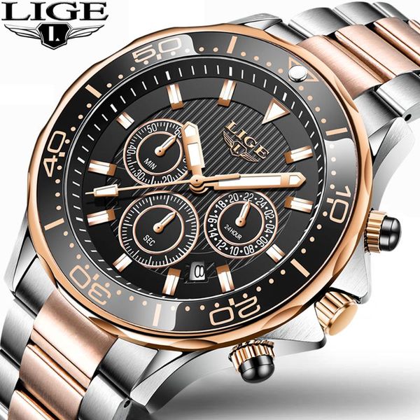 

wristwatches 2021 sport chronograph men watches lige 316l steel quartz clock waterproof big dial watch relogio masculino, Slivery;brown