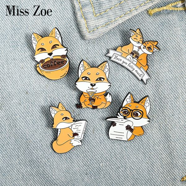 

fox coffee enamel pin custom lover drink newspaper brooches bag lapel pin cartoon animal badge jewelry gift for kids friendsdio chan contact, Silver