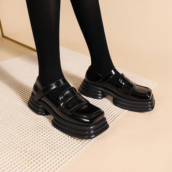 

dress shoes koovan women leather thick bottom retro square shallow mouth single wave high heel for girls ladies, Black