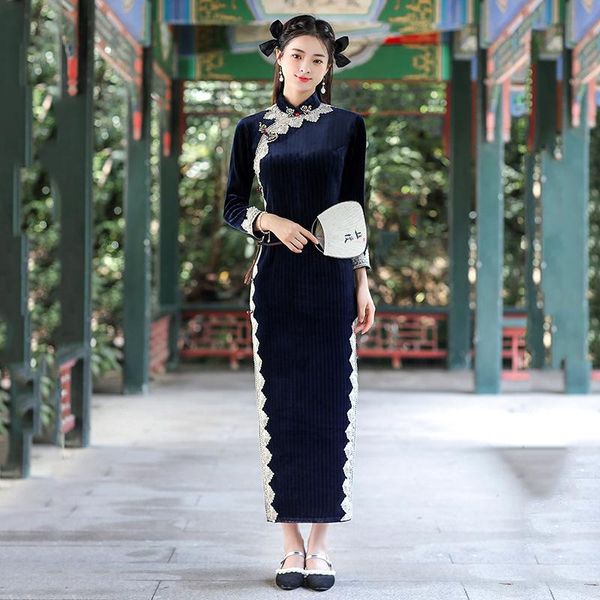 

ethnic clothing autumn winter elegant lace trim thicken velour handmade buttons qipao long sleeve mandarin collar cheongsam size -3xl, Red