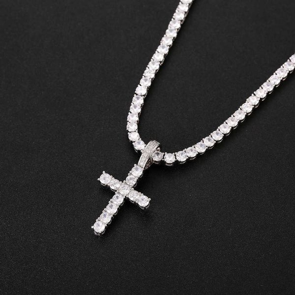 

2021 fashion iced out zircon cross pendant with 4mm tennis chain necklace set men's hip hop jewelry gold silver cz pendant necklace