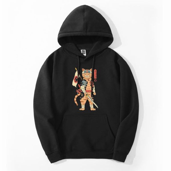 

men's hoodies & sweatshirts cute samurai cats japan anime style animal 2021 winter mens sweatshirt oversized thick streetwear casual cl, Black