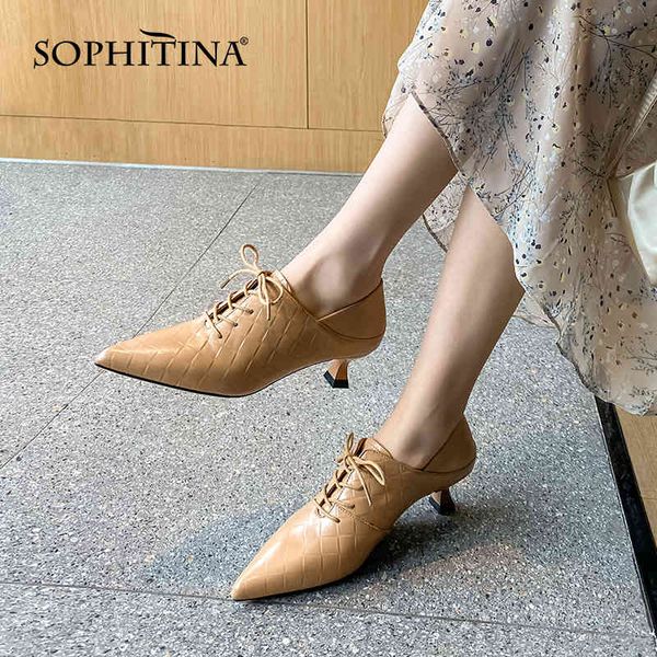 

sophitina british style women's shoes cow leather plaid cross strap shoes breathable pointed toe -selling female pumps ao521 210513, Black