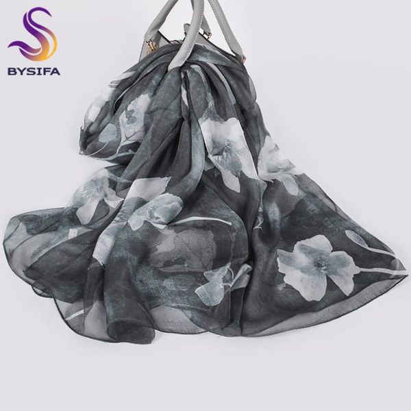 

scarves [bysifa] brand black white foulard summer beach shawl luxury chiffon 100% silk scarf women winter long 180*110cm, Blue;gray
