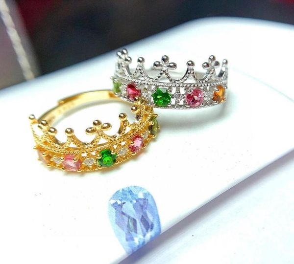 

cluster rings natural gemstone ring multicolor tourmaline s925 silver small lovely crown row women girl gift party fine jewelry, Golden;silver