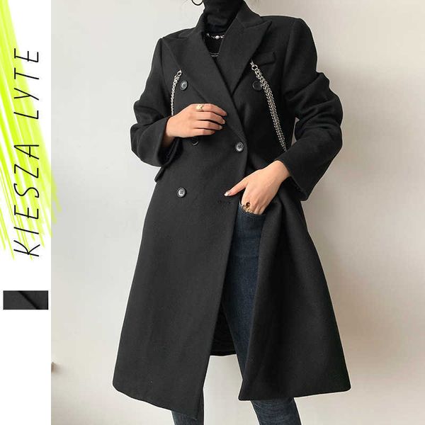 Cappotto di lana nera da donna Runway Fashion Catena d'argento Addensare Giacche lunghe Cappotti solidi Cappotti Capispalla donna Alta qualità 210608