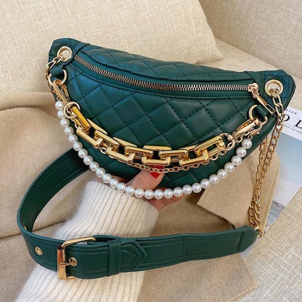 

waist bags pearl thick chain fanny women's banana bag female pack leather belt luxury shoulder crossbody chest