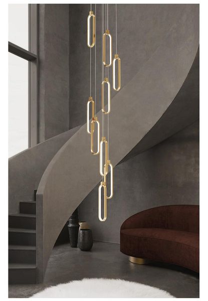 

postmodern all-copper light luxury duplex building large chandelier nordic minimalist staircase hollow villa living room lamps pendant