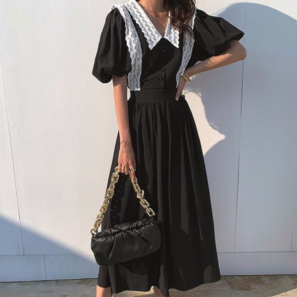 

[ewq] women black high waist patchwork lace dress newv-neck short puff sleeve fashion casual tide spring summer 16f0698 210423, Black;gray