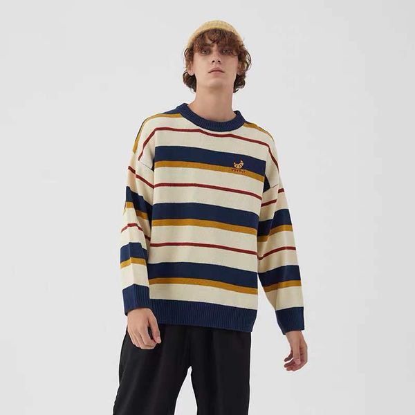 

knitted casual pullover striped embroidrey clothing autumn winter thick warm sweater men harajuku fashion pullovers, White;black