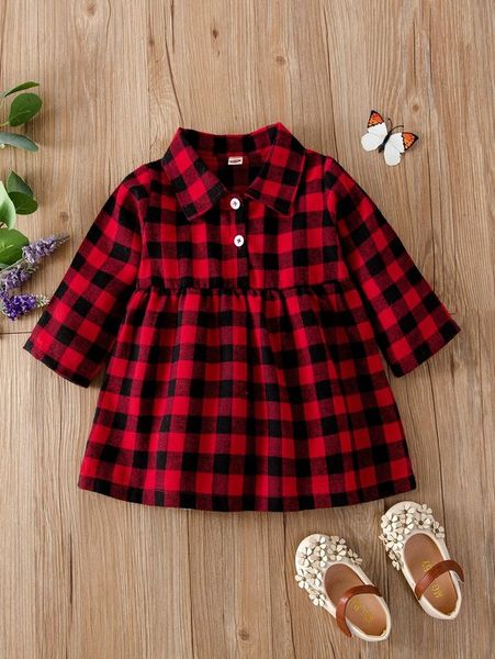 

baby gingham half button smock dress she, Red;yellow