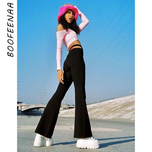 

black flare pants y2k clothes cut out fake two piece elastic high waist boot 90s trendy sweatpants c85-be20 women's & capris, Black;white