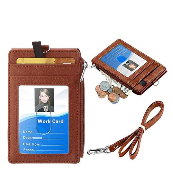 

card holders badge holder with zip pu leather id wallet case 5 slots, 1 side zipper pocket, Brown;gray
