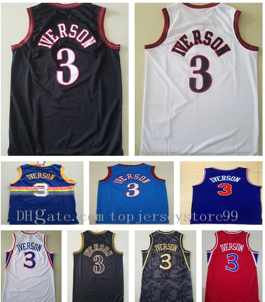 

professional men retro baskeball allen 3 iverson jerseys men iverson stitched white blue red vintage m&n baskeball jersey size s-2xl, Black;red