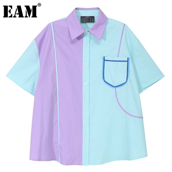 

[eam] women blue spliced pocket contrast color blouse lapel short sleeve loose fit shirt fashion spring summer 1dd7004 21512, White