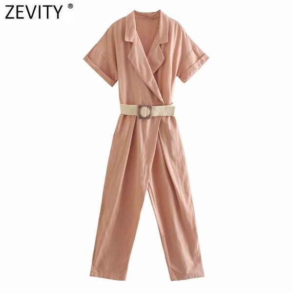 

women turn down collar solid color sashes ankle length jumpsuits chic ladies short sleeve casual business rompers ds8258 210416, Black;white