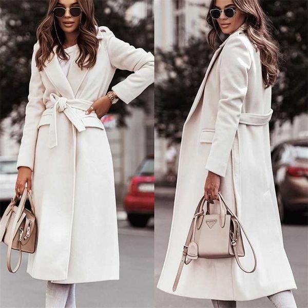 

solid lace-up lapel long wool & blends autumn winter elegant sleeved pocket woolen coats casual office lady overcoats 211021, Black