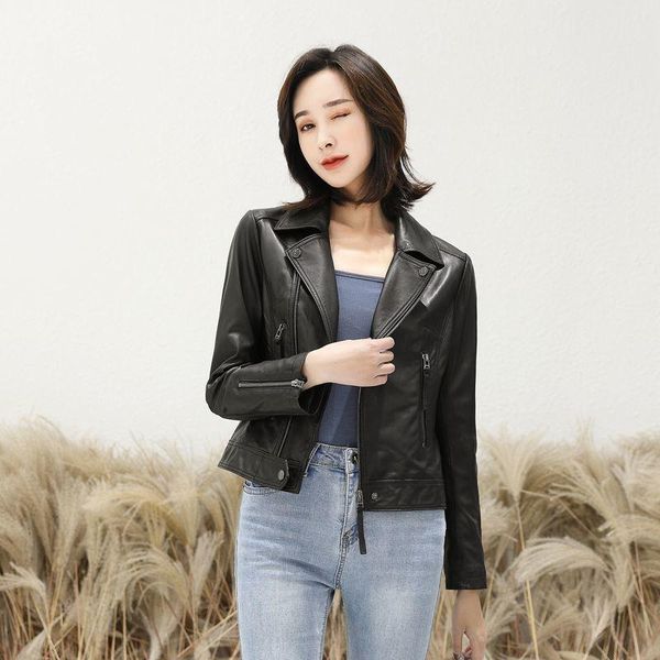 

women's leather & faux 100% real sheepskin coat female genuine jackets women short montone biker jacket clothes 2021 hiver lw1674, Black