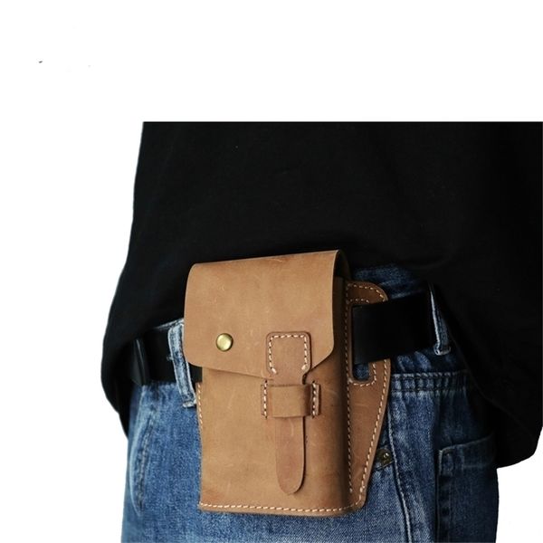 

men crazy horse skin universal leather waist bag belt clip holster fanny pack durable outdoor mobile phone pouch 211027