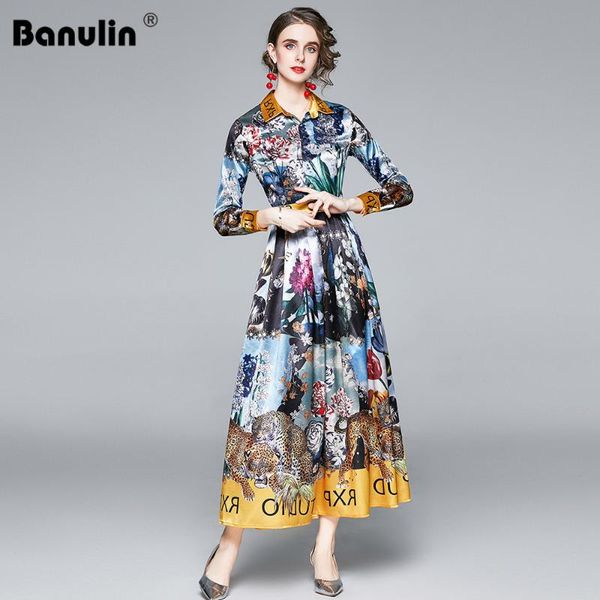 

banulin fashion autumn runway long sleeve women shirt dress female vintage animal floral print robe longue hiver casual dresses, Black;gray