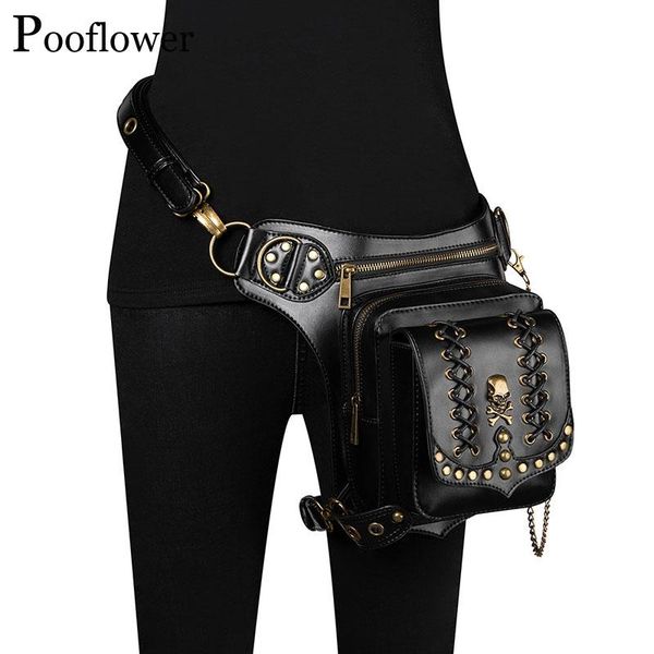 

pooflower punk rivet chains moto waist bag for women and men gothic belt leg retro crossbody fanny packs backpack zh153 bags