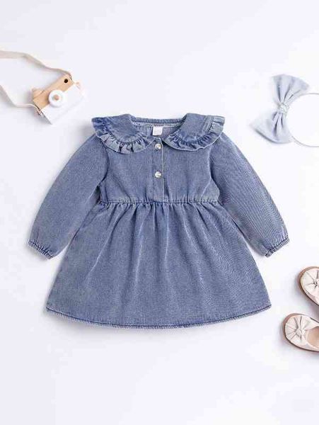 Vestido jeans com gola de botão e meio botão para bebê SHE