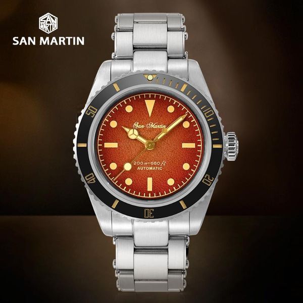 

wristwatches san martin watch 38mm vintage 6200 retro water ghost sapphire leather dial yn55a men automatic mechanical watches 20bar diver, Slivery;brown