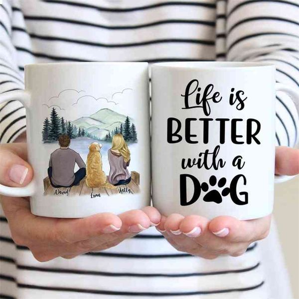 Пара и собаки мужчина женщин персонализированные кружка на заказ сумка кофе кружки чашки подарок для семьи diy 11 / 15oz r2060 210804