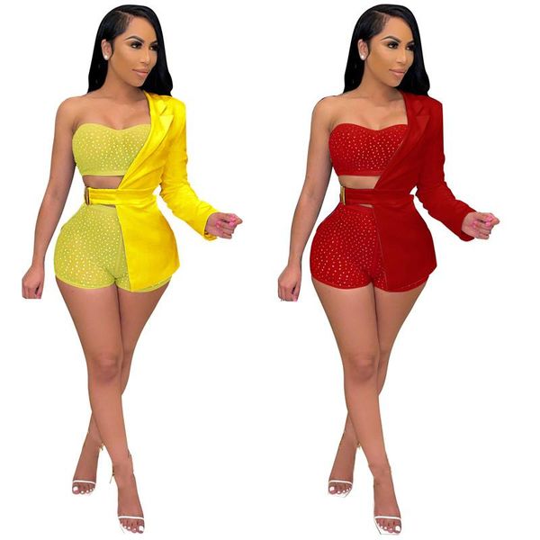 

women's tracksuits wuhe breast wrap hollow out +tight short pants+long sleeve coat drilling diamond 3 sets nightclub party outfits, Gray